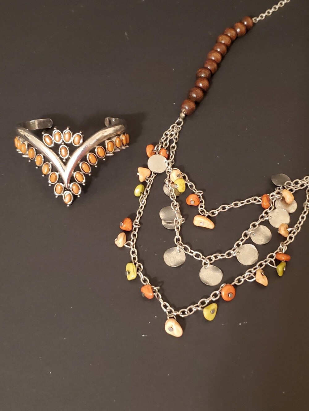 New 2pc Boho Layered Multi Strand Necklace & Matching Chevron Cuff Bracelet